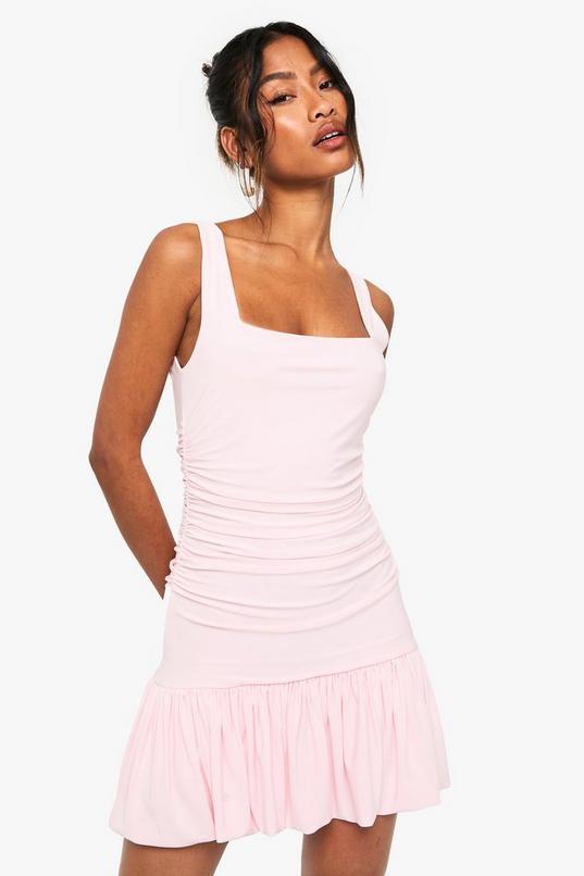 Slinky Square Neck Ruched Detail Pleated Mini Dress | boohoo USA Slinky Square Neck Ruched Detail Pleated Mini Dress | boohoo USA